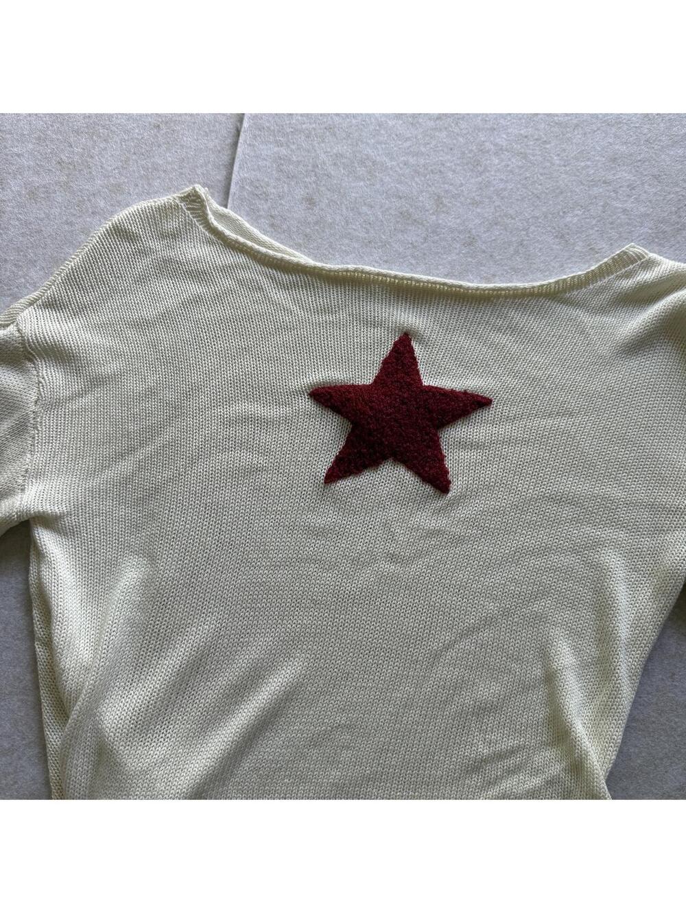 Y2K Star Detail Cropped Cotton Sweater Rolled Hem Women's L Beige Kawaii Grunge - Picture 5 of 5